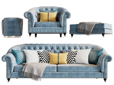 美式布艺双人 单人沙发和沙发凳子