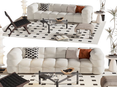 现代奶油风多人沙发 休闲椅子和茶几组合