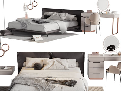 现代双人床 床头梳妆台