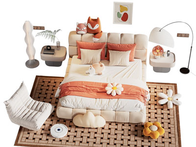 现代儿童奶油风双人床 床头柜