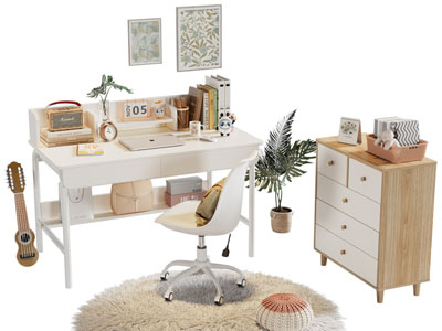 北欧学生书桌椅组合 边柜3d模型 北欧学生书桌椅组合 边柜