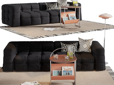 现代布艺多人沙发 边几