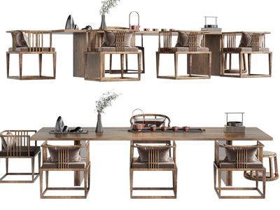 新中式实木长方形茶桌椅组合