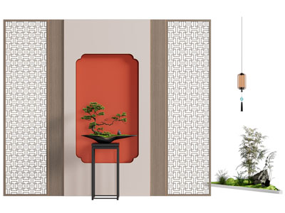 新中式背景墙 景观小品3d模型 新中式背景墙 景观小品
