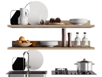 现代隔板上碗碟 调料瓶 洗菜盆 燃气灶厨具组合