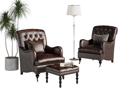 美式皮质单人沙发 脚踏