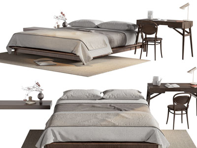 侘寂风无床头双人床 书桌椅组合