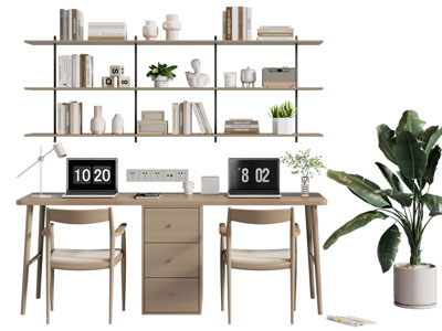 北欧实木书桌椅组合 书架3d模型 北欧实木书桌椅组合 书架