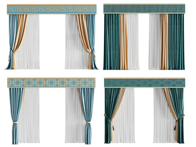 新中式带窗帘盒窗帘窗纱3d模型 新中式带窗帘盒窗帘窗纱