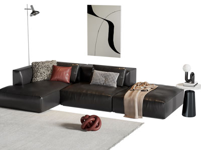 现代皮质转角多人沙发 边几