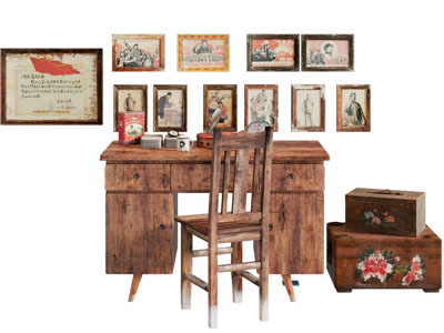 现代中古风老式家具 书桌椅组合 挂画3d模型 现代中古风老式家具 书桌椅组合 挂画