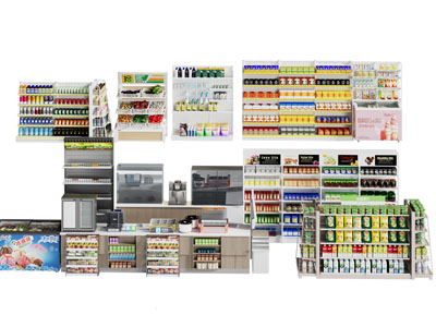 现代便利店货架 展柜 收银台 冷饮柜3d模型 现代便利店货架 展柜 收银台 冷饮柜