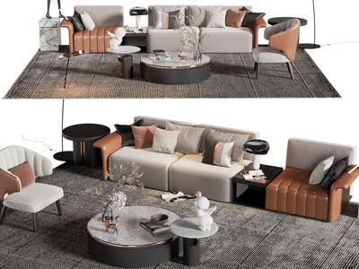 现代多人沙发 休闲椅子和茶几组合