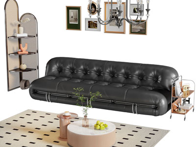 法式多人沙发 边柜 装饰挂画 茶几组合