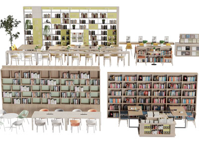 现代图书馆书柜 书桌椅组合3d模型 现代图书馆书柜 书桌椅组合