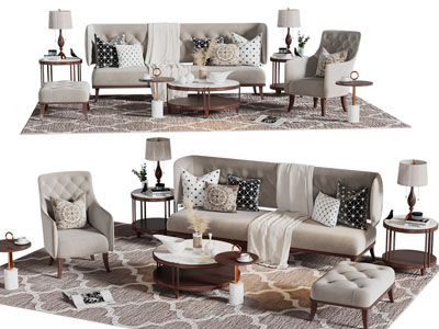 美式多人沙发 单人沙发和茶几组合