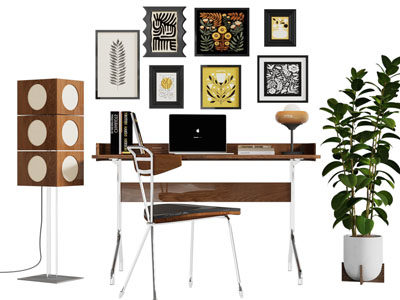 现代中古风书桌椅组合 装饰挂画3d模型 现代中古风书桌椅组合 装饰挂画