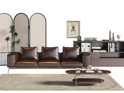 现代中古风屏风 边柜 多人沙发和茶几组合