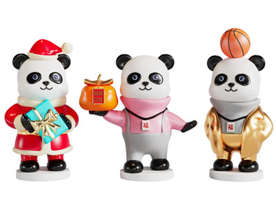 现代卡通熊猫雕塑雕刻摆件组合