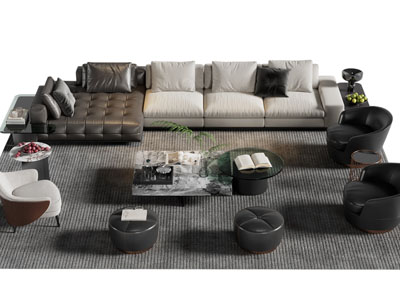 现代多人沙发 单人沙发和茶几组合