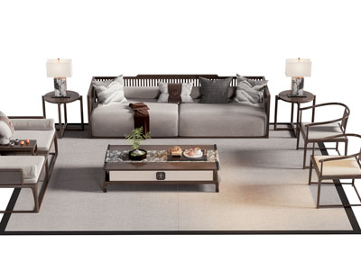 新中式实木框架双人沙发 休闲椅子和茶几组合