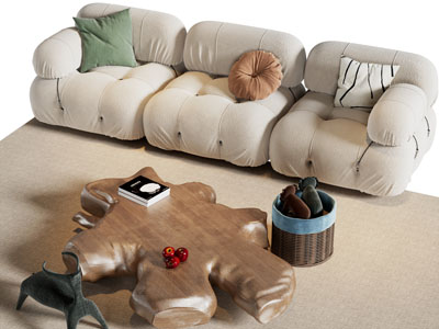 现代奶油风多人沙发 根雕茶几组合