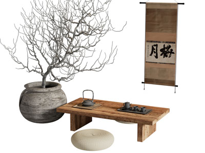 侘寂风实木茶几 装饰挂画3d模型 侘寂风实木茶几 装饰挂画