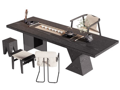 新中式长方形茶桌椅组合