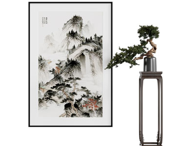 新中式装饰挂画 松树盆景盆栽摆件