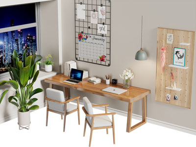 北欧实木长方形书桌椅组合3d模型 北欧实木长方形书桌椅组合