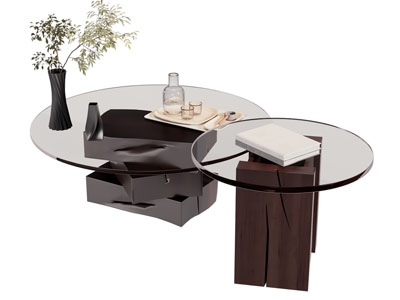 现代圆形实木拼接玻璃茶几3d模型 现代圆形实木拼接玻璃茶几