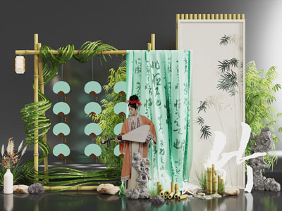 新中式竹编纱幔美陈 户外装置 演绎舞台