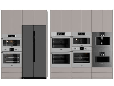 现代嵌入高柜的烤箱 电冰箱 厨房电器