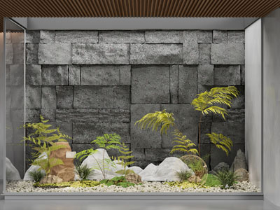 新中式毛石墙 假山 花草植物景观园艺小品