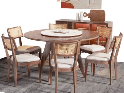 现代中古风圆形餐桌椅组合 餐边柜