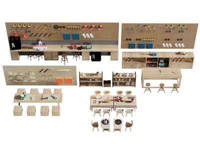 现代幼儿园手工桌椅组合 工具墙 陶艺器皿