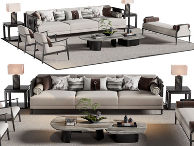 新中式实木边框的多人沙发 沙发凳子和茶几组合