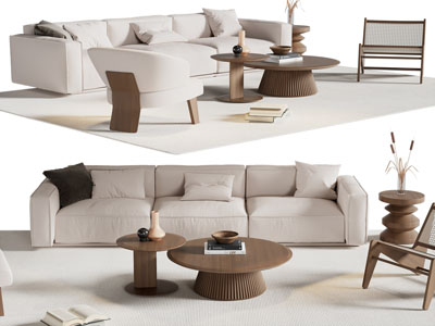 侘寂风奶油风多人沙发 休闲椅子和茶几组合