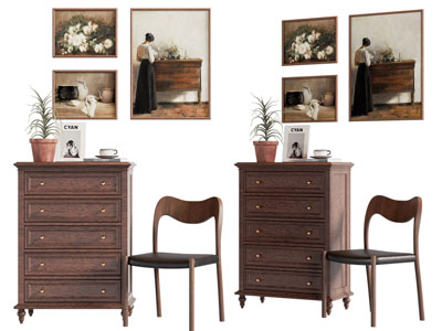 美式实木中古风边柜 斗柜 休闲椅子 装饰挂画3d模型 美式实木中古风边柜 斗柜 休闲椅子 装饰挂画