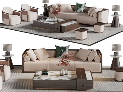新中式多人沙发 单人沙发 茶几组合