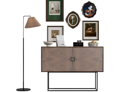 新中式中古风玄关柜 边柜 装饰挂画 落地灯3d模型 新中式中古风玄关柜 边柜 装饰挂画 落地灯