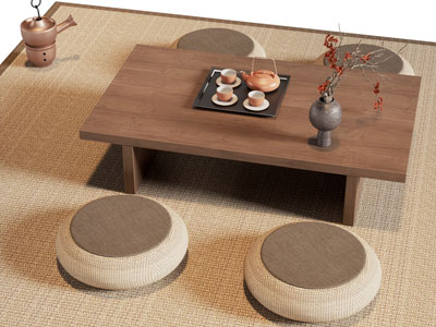 新中式实木茶几 蒲团3d模型 新中式实木茶几 蒲团