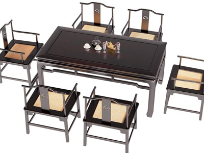 新中式实木长方形餐桌椅组合