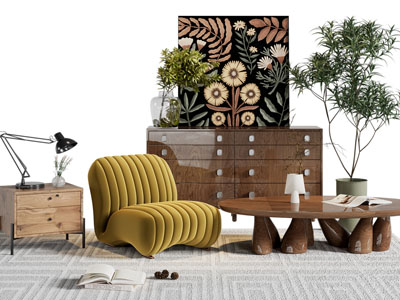 现代中古风玄关柜 单人沙发 茶几3d模型 现代中古风玄关柜 单人沙发 茶几