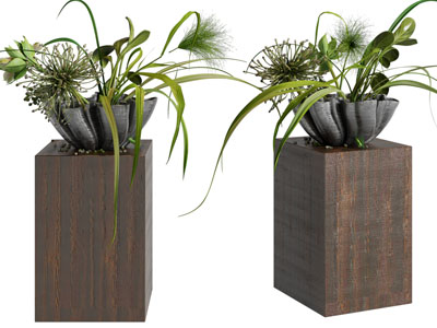 现代实木方形边几 花盆盆栽植物 摆件组合