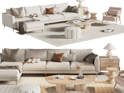 现代奶油风布艺多人沙发 休闲椅子和茶几组合