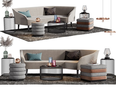 现代多人沙发 坐墩 茶几组合