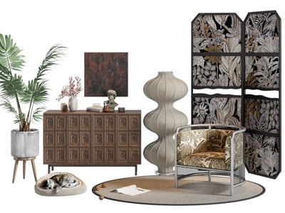 侘寂风中古风玄关柜 边柜 单人沙发 屏风3d模型 侘寂风中古风玄关柜 边柜 单人沙发 屏风