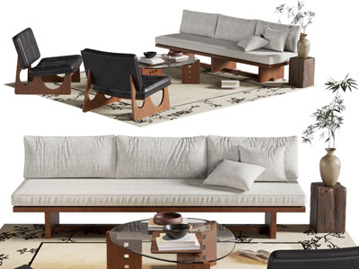 侘寂风布艺长沙发 单人沙发和茶几组合