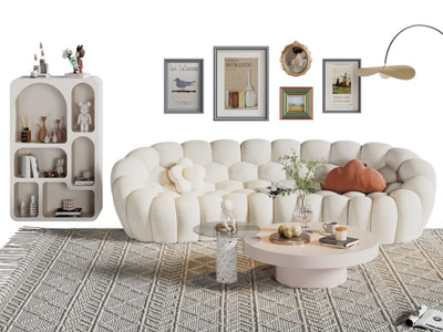 现代奶油风多人沙发 边柜 装饰挂画 茶几组合